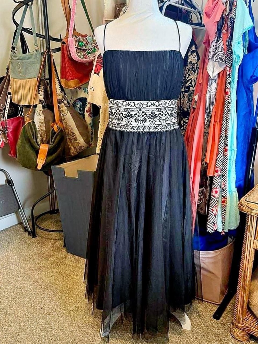 90s Black Tulle A-Line Formal Cocktail Midi Dress With Embroidered Sash - Sz 14 - Picture 2 of 6